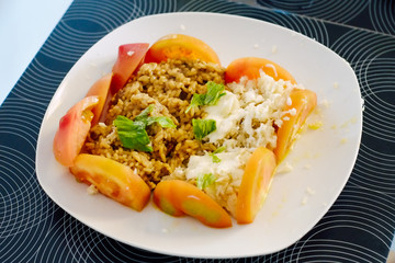 Healthy typical italian tomato dish and tuna fish and rice ready to be eat on the plate. Florence Italy