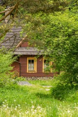 Europe, country Slovakia, locality Liptov, village Liptovsky Jan. Wooden holiday cottage, built in beautiful countryside in mountain forests.