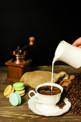 Hot coffee with coffee beans
