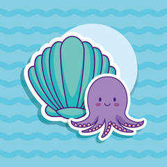 cute octopus and seashell over blue background, colorful design. vector illustration