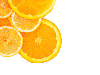 Fresh orange and lemon slice on white background.