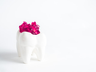 The porcelain tooth is filled with gummy bears against a white background