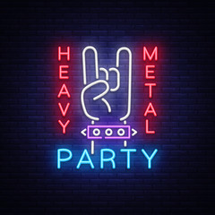 Heavy Metal Party Neon Sign Vector. Rock music logo, night neon signboard, design element invitation to Rock party, concert, festival, night bright advertising, light banner. Vector illustration