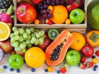 Colorful fresh fruits and vegetables background, healthy eating concept.