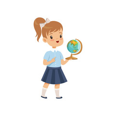 Girl standing with globe at geography lesson, pupil in school uniform studying at school vector Illustration on a white background