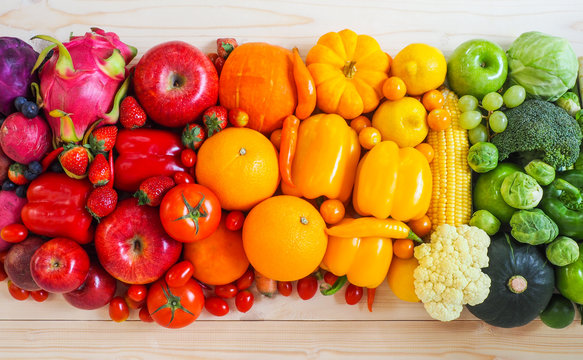 Colorful Fresh Fruits And Vegetables On Wood Background, Healthy Eating Concept.