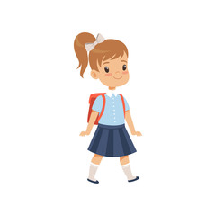 Cute girl walkling with backpack, pupil in school uniform studying at school vector Illustration on a white background