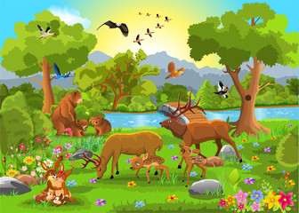 cartoon families of wild animals living in peace together