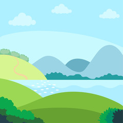 Nature background, a lake view with grass and mountains. Vector illustration in flat style