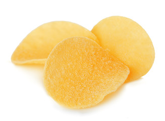 Potato chips close-up isolated on white background.