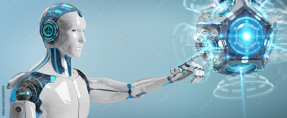 Poster white man humanoid using drone security camera 3d rendering