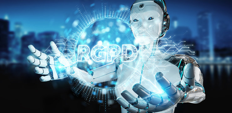 White cyborg woman using digital GDPR interface 3D rendering