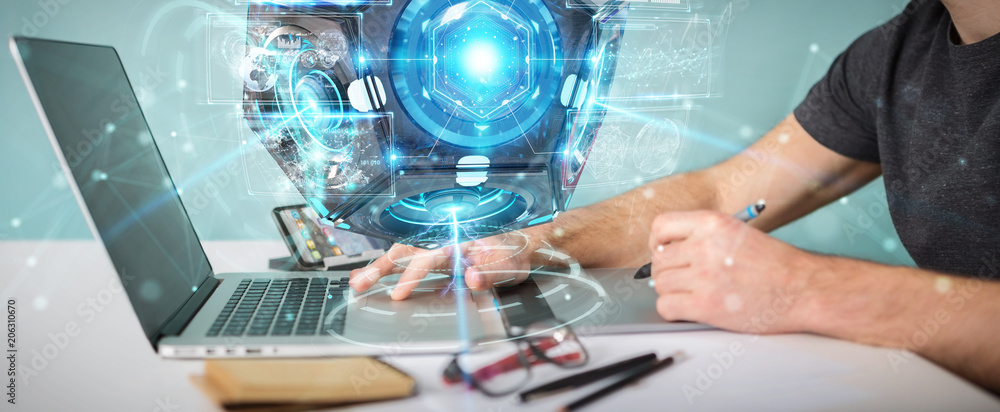 Aufkleber graphic designer using futuristic drone security camera 3d rendering
