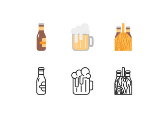 Beer and snacks vector icons set flat and outline style