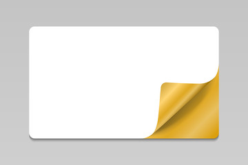 Blank white sticker with gold curled corner, realistic mockup