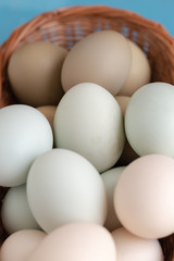 Dark green, light grey, white egs in woven basket macro