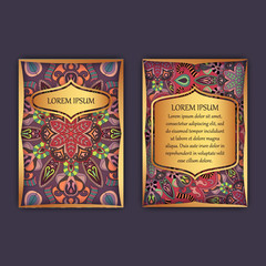 Vintage cards with floral mandala pattern and ornaments. Front page and back page. Luxury design.