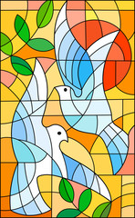 Illustration in stained glass style with abstract pigeons, the sun and branches n bright orange sky 