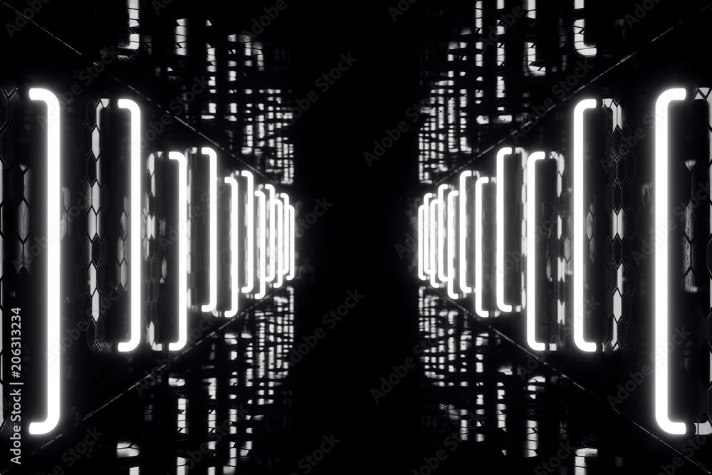 Poster 3d rendering abstrac futuristic dark corridor with neon lights. glowing light. futuristic architectu