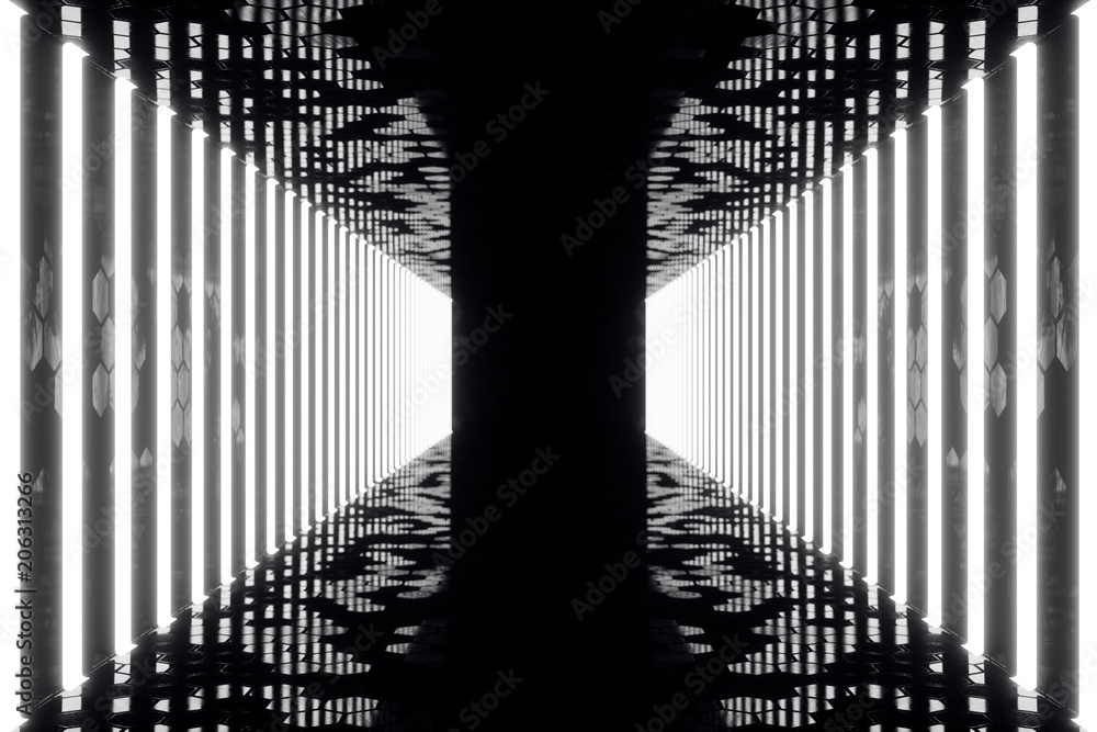 Poster 3d rendering abstrac futuristic dark corridor with neon lights. glowing light. futuristic architectu