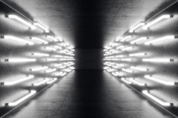 3D rendering abstrac futuristic dark corridor with neon lights. Glowing light. Futuristic architecture background