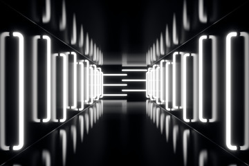 3D rendering abstrac futuristic dark corridor with neon lights. Glowing light. Futuristic architecture background