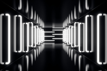 3D rendering abstrac futuristic dark corridor with neon lights. Glowing light. Futuristic architecture background