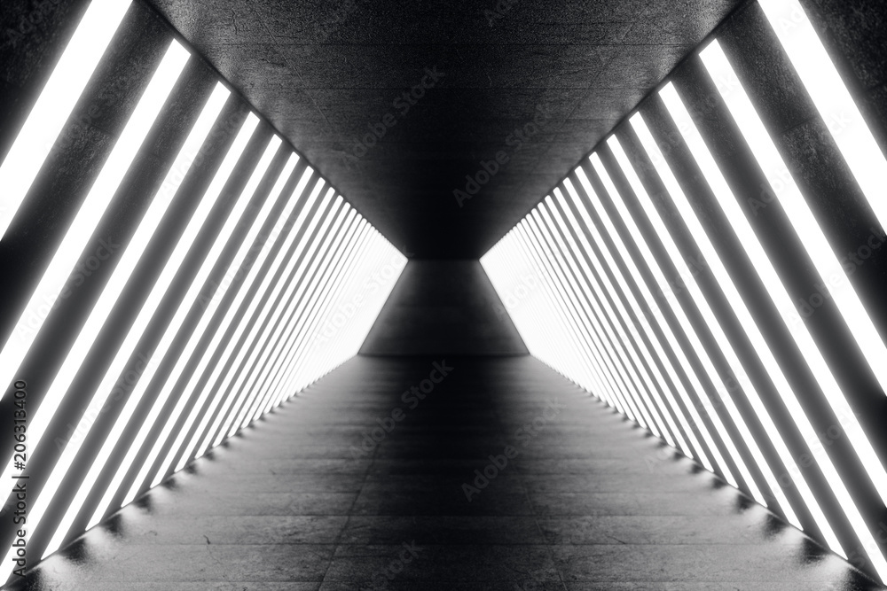 Poster 3d rendering abstrac futuristic dark corridor with neon lights. glowing light. futuristic architectu