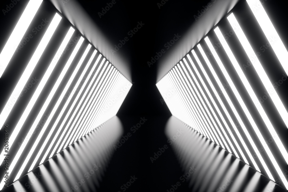 Poster 3d rendering abstrac futuristic dark corridor with neon lights. glowing light. futuristic architectu