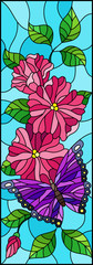 Fototapeta na wymiar Illustration in stained glass style with bright butterfly against the sky, foliage and pink flowers,on blue background, vertical orientation