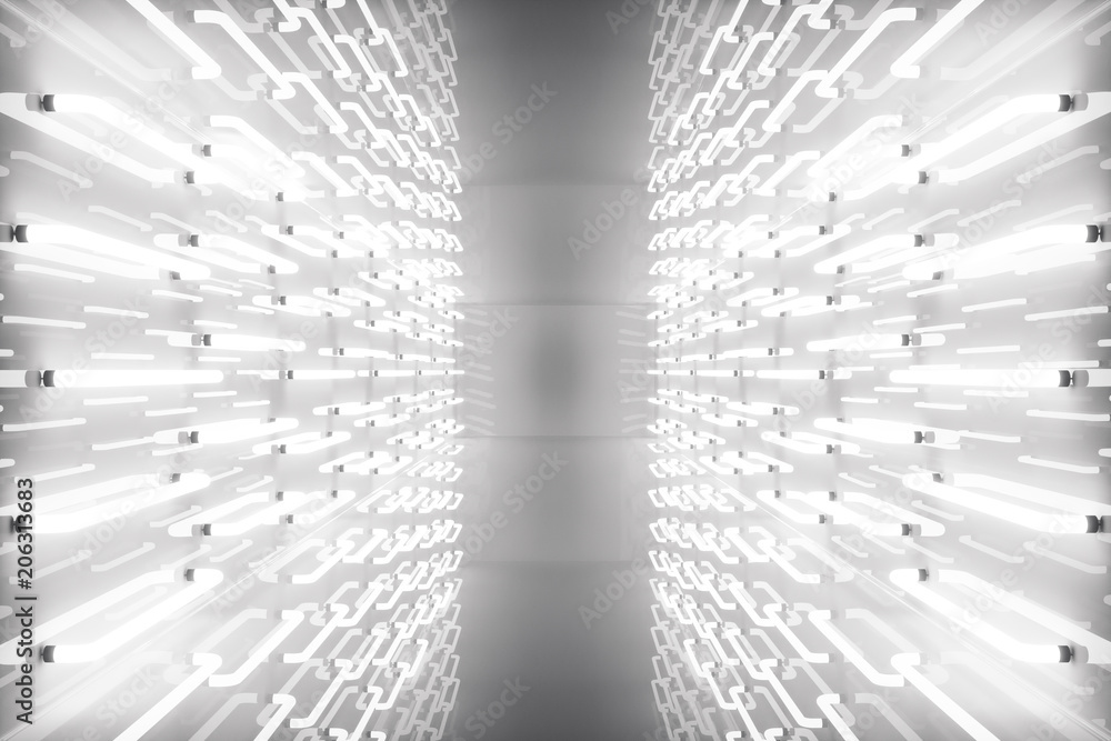 Poster 3d rendering abstract room interior with neon lights. futuristic architecture background. mock-up fo