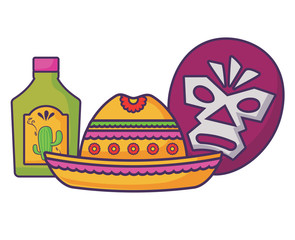 wrestler mask with mexican hat and tequila bottle over white background, colorful design.  vector illustration