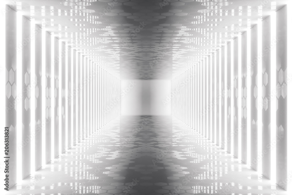 Poster 3d rendering abstract room interior with neon lights. futuristic architecture background. mock-up fo