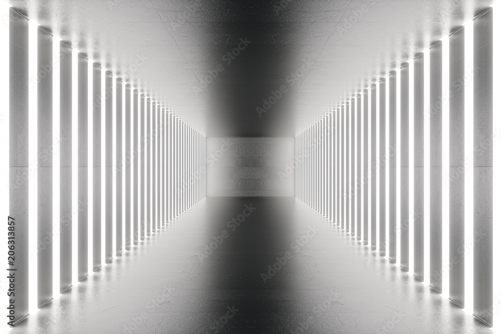 Poster 3d rendering abstract room interior with neon lights. futuristic architecture background. mock-up fo