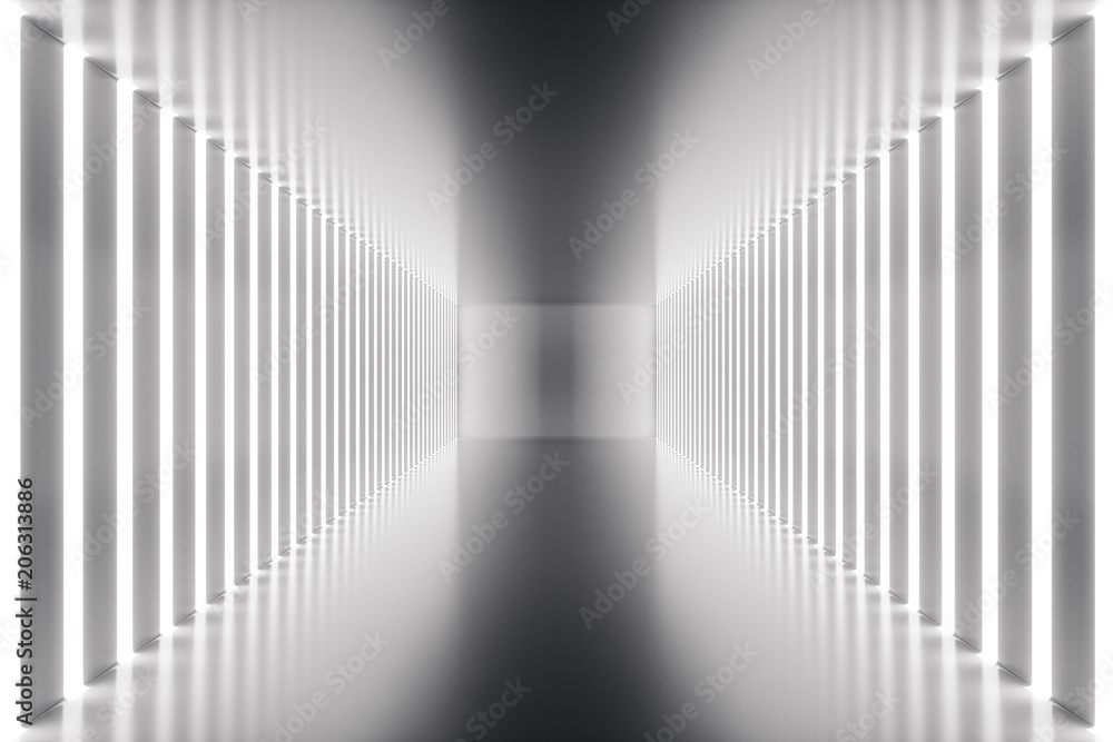 Poster 3d rendering abstract room interior with neon lights. futuristic architecture background. mock-up fo