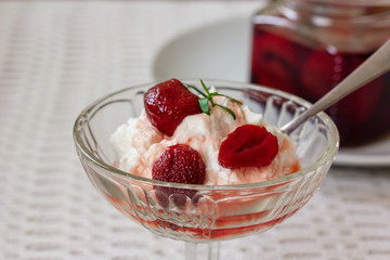 Dessert, cream fresh with strawberry jam