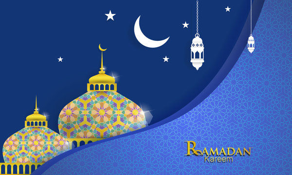 Ramadan Kareem concept with islamic geometric patterns. beautiful Paper cut style with mosque, moon and stars.