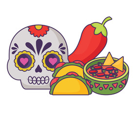 sugar skull with mexican food related icons over white background, colorful design. vector illustration