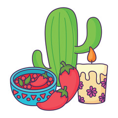 cactus plant with spicy sauce bowl and candle over white background, vector illustration