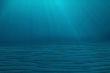 Underwater blue background in sea, ocean, with volume light. 3d rendering