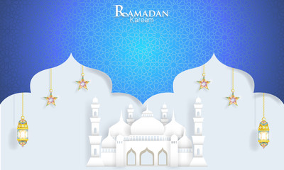 Ramadan Kareem concept with islamic geometric patterns. beautiful Paper cut style with mosque, moon and stars.