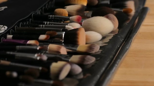 Side view image of high quality make up brushes. Beauty concept.