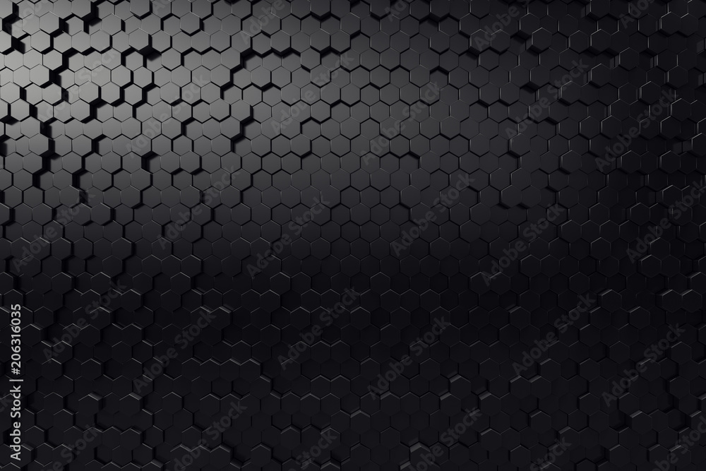 Poster abstract geometric surface. hexagonal black background. 3d rendering