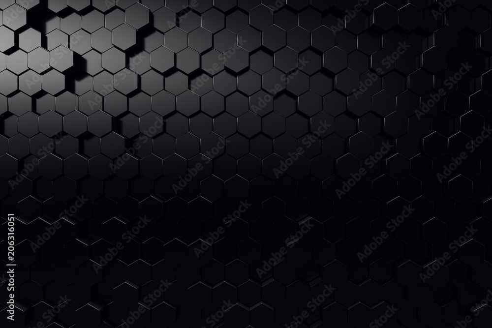 Poster abstract geometric surface. hexagonal black background. 3d rendering