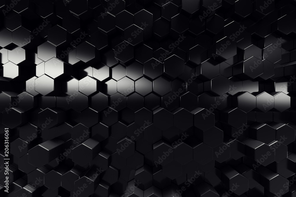Poster abstract geometric surface. hexagonal black background. 3d rendering