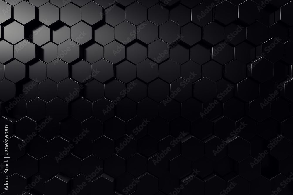 Poster abstract geometric surface. hexagonal black background. 3d rendering