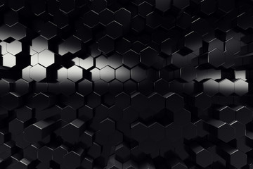 Abstract geometric surface. Hexagonal black background. 3D Rendering
