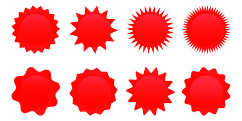 Set of red sale star tag, retro blank starburst, sunburst badges. Vector illustration.