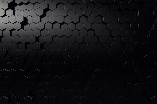 Abstract geometric surface. Hexagonal black background. 3D Rendering