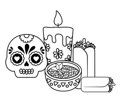 sugar skull and candle with mexican food over white background, vector illustration